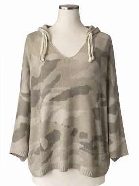 POL Hoodie Camo Knit Oversized Boutique Boho Sweater Women L Lightweight Top
